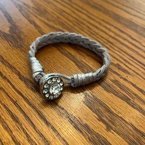 Silver Leather Bracelet with Silver & Rhinestone Clasp